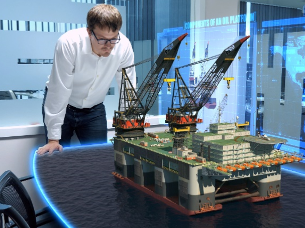 Engineer analyzing technology for an offshore oil and gas project, industrial procurement.