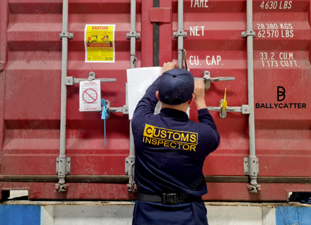 Customs inspector sealing a shipping container from Ballycatter, ensuring compliance with import and export regulations for global trade.