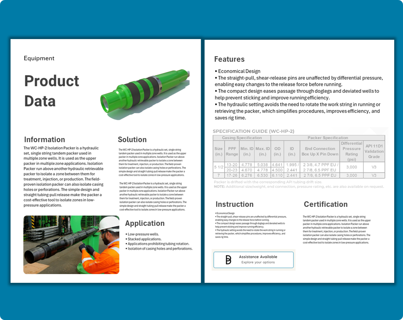 Product data sheet displaying an industrial equipment with specifications, features, and application details.